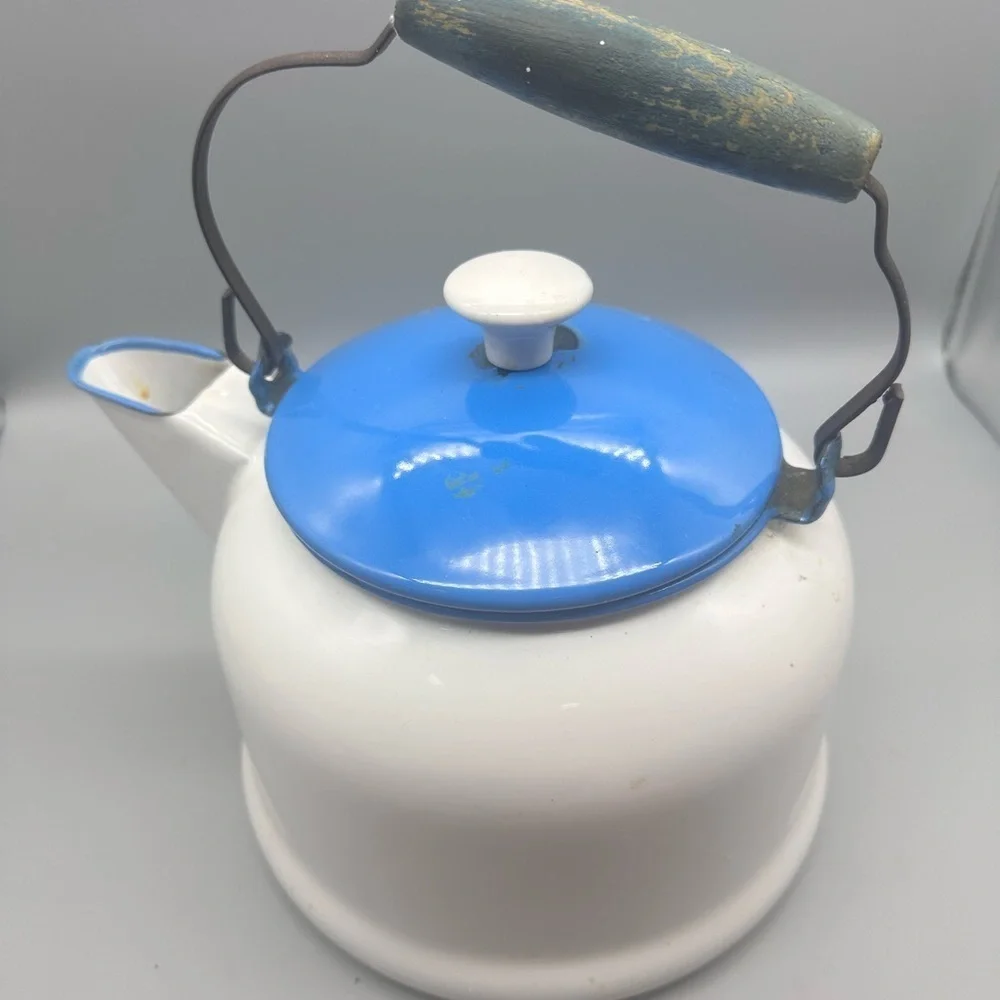 Vintage stainless steel blue & white teapot
